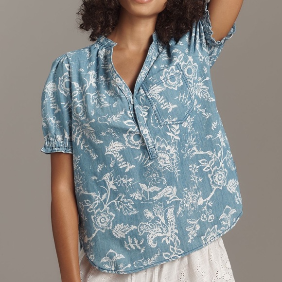 Anthropologie Tops - Anthropologie The Aly Puff-Sleeve Blouse by Pilcro Blue White SIZE XS NEW